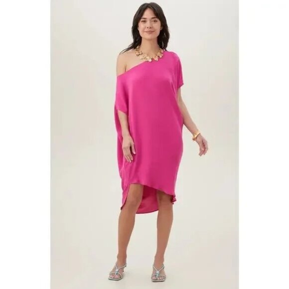 Trina Turk Women's Hot Pink Asymmetrical Off-Shoulder Draped Dress Size M 2577 - Picture 1 of 12